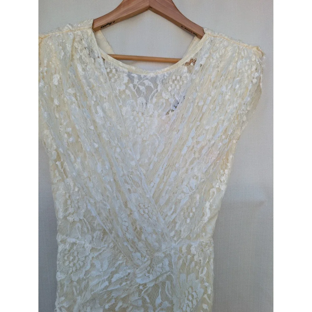 Vtg‎ Coquette Cream Lace Dress Handkerchief Hem Ruched Seneca Alternative Bride